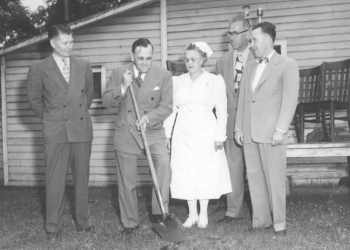 Five Altru employees at the groundbreaking of the Grand Forks Clinic in 1949.