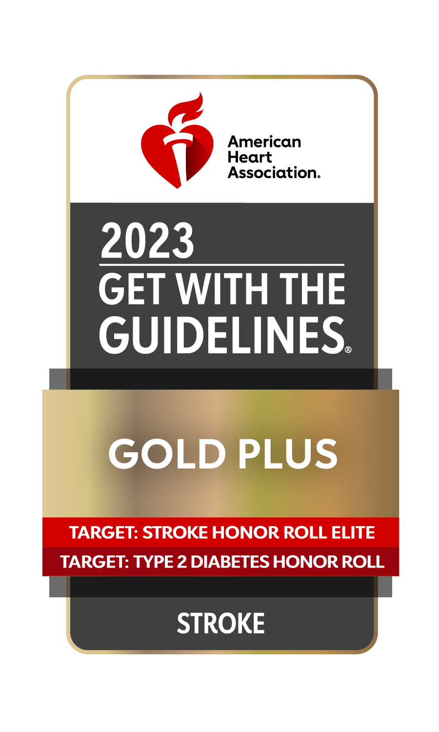 American Heart Association 2023 Get with the Guidelines Stroke Gold Plus Award badge.