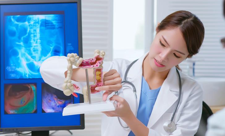 A doctor explaining a colonoscopy to a patient.