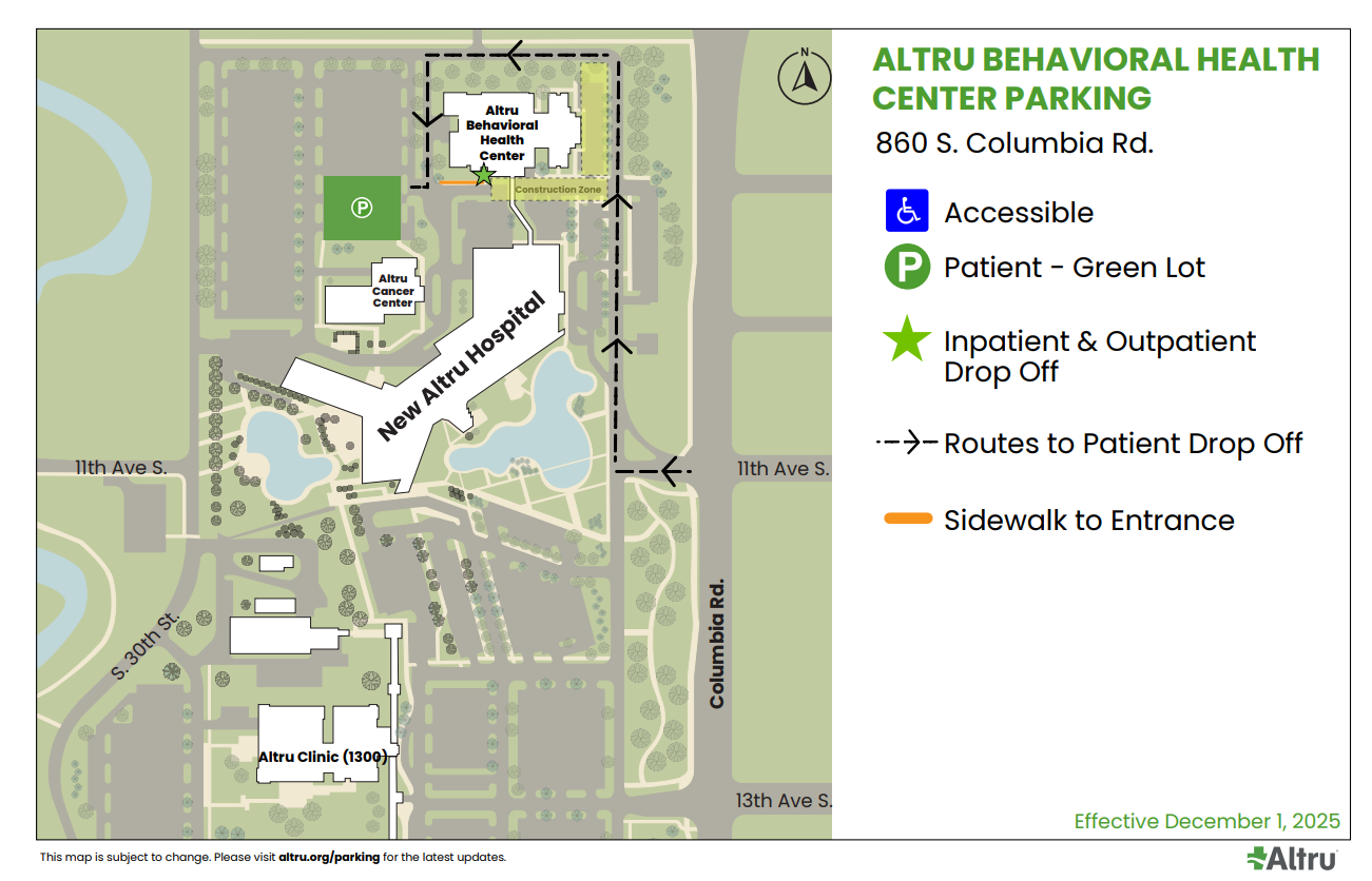 Map of patient parking at Altru Behavioral Health Center.