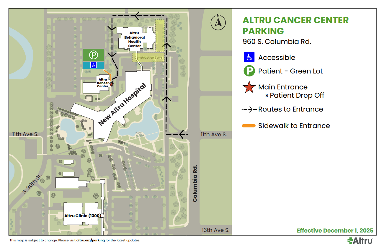 Map of patient parking at Altru Cancer Center.