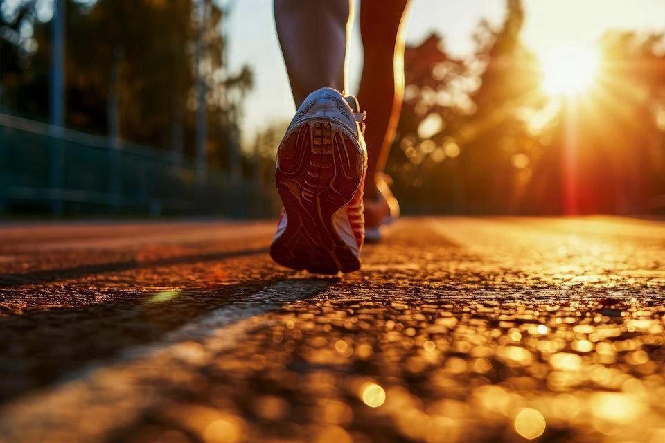 A close up of a someone's shoe as they're running on a track.