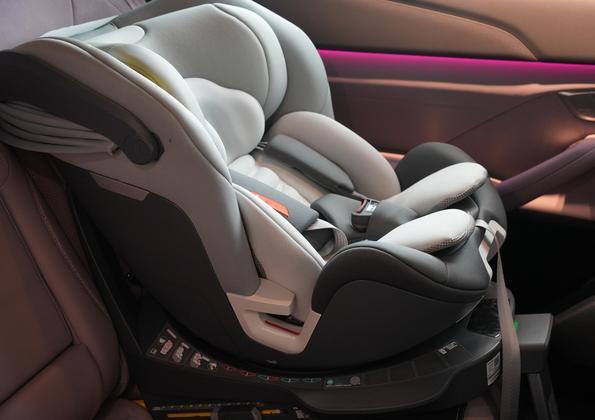 A car seat in a vehicle.