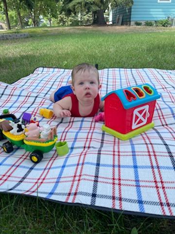 Tucker laying outside on a blanket with toys.
